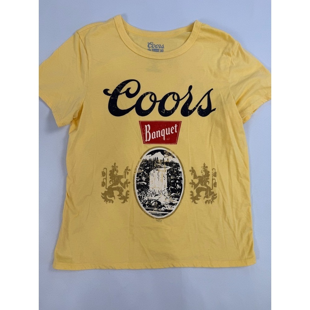 Coors Banquet Shirt Womens Medium Yellow Crew Neck Short Sleeve Graphic Beer